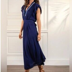 Poupette St Barth Maxi Dress Navy Blue XS Fringe Puka Shell Accents